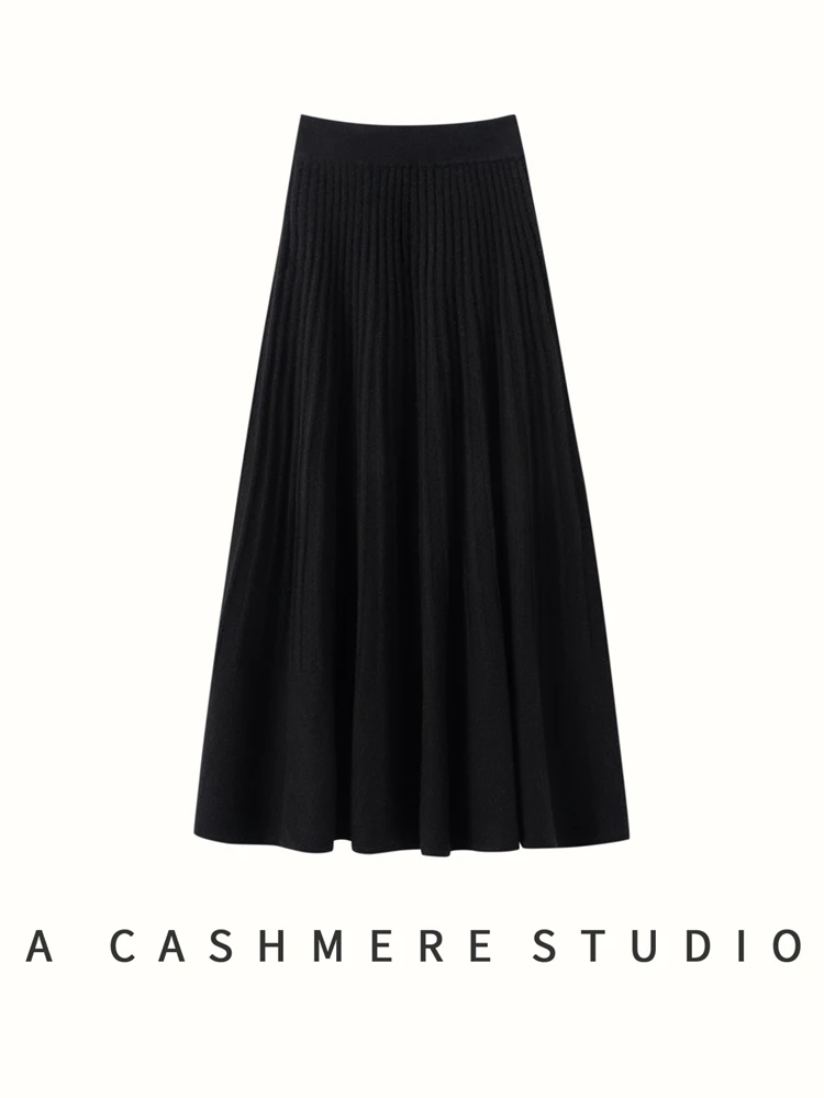 Autumn Winter High Quality Women's A-line Umbrella Skirt Chic Female Grace Soft Simple Style 100% Cashmere Knitted Skirt New
