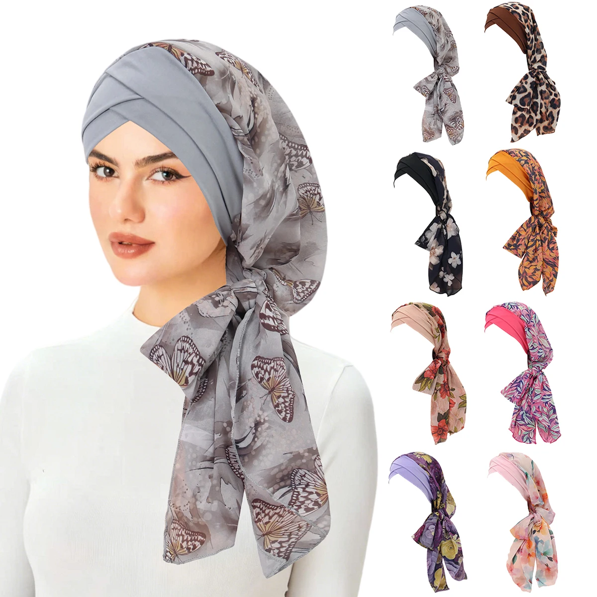2026 New Women Printed Turban Cap Long Tail Headscarf Strechy Bandana Muslim Hijab Inner Caps Hair Loss Cover Beanies Bonnet