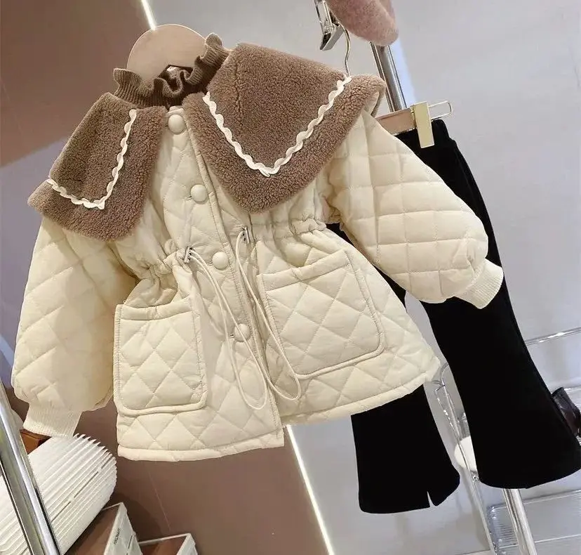New Girls Winter Long Coats Big Fur Collar Cotton Padded Velvet Thick Warm Overcoats Kids Children Princess Coat Clothes