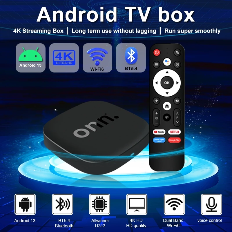 Onn 4K Android 13 Smart TV Box 4K Quad Core Set-Top Box 5G Connectivity 8GB 128G Voice Remote for Streaming Media Player