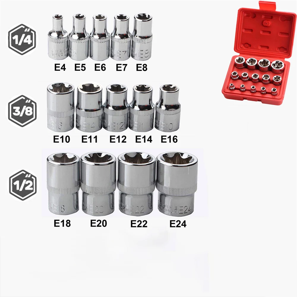 14pcs E Torx Star Bit Socket Set E4-E24 Drive Torque Star Ratchet Socket Adapter Joint Kit Screw Driver Car Repair Handheld Tool