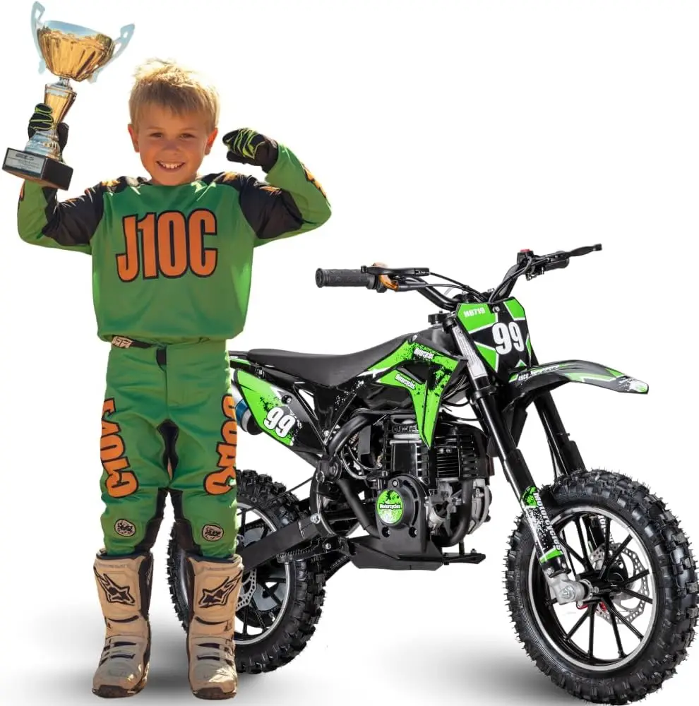 Mini motocykl crossowy dla dzieci, 40 cm3, benzynowy, 4-suwowy pit bike, podwójne hamulce tarczowe i zawieszenie, opony terenowe 10 cali, bezpieczna osłona łańcucha, Pure G