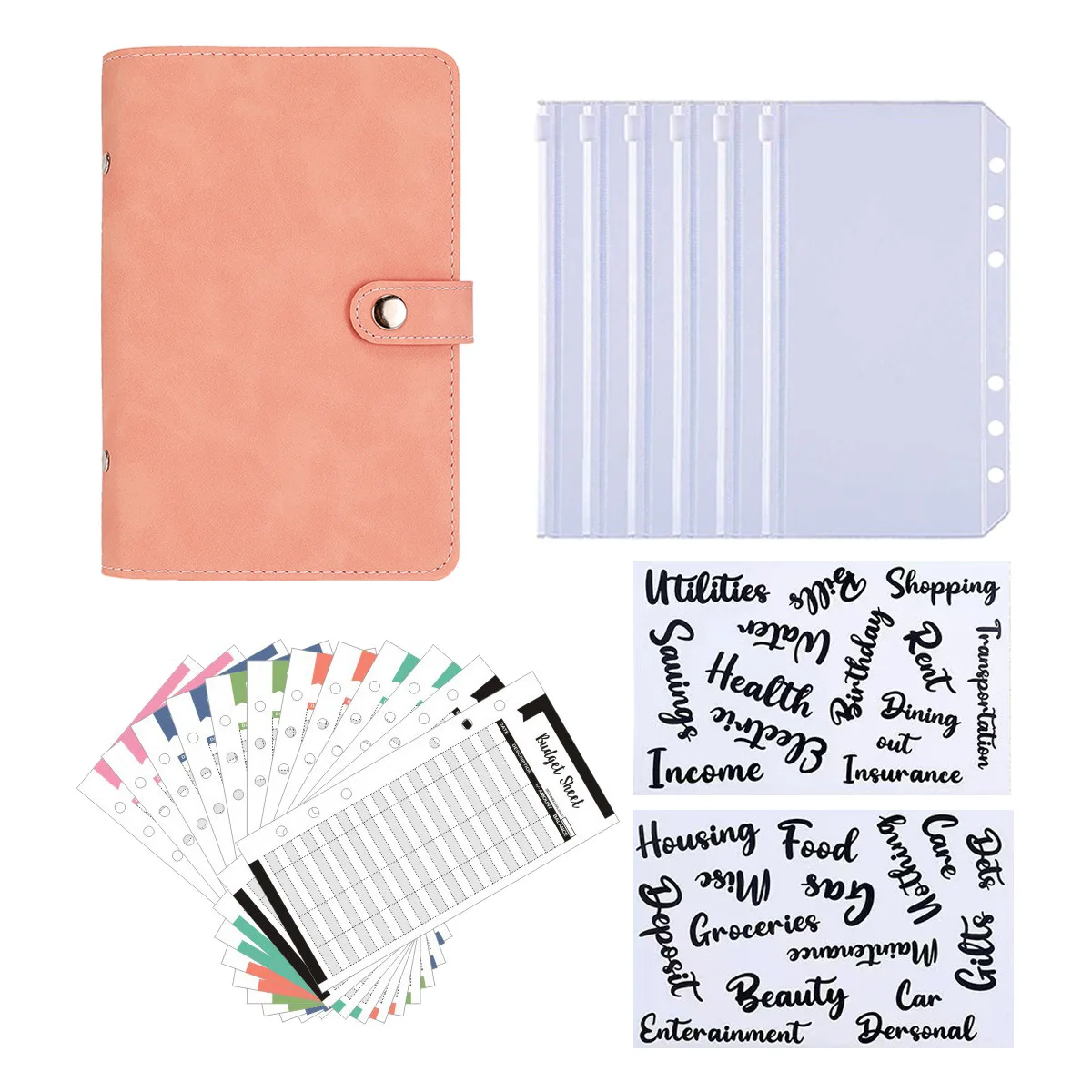 A6-Leder-Budgetordner mit 8 Umschlägen mit Reißverschluss, 2 Aufklebern, weiches PU-Leder, Notizbuch, Binder, Planer, Einband, Album