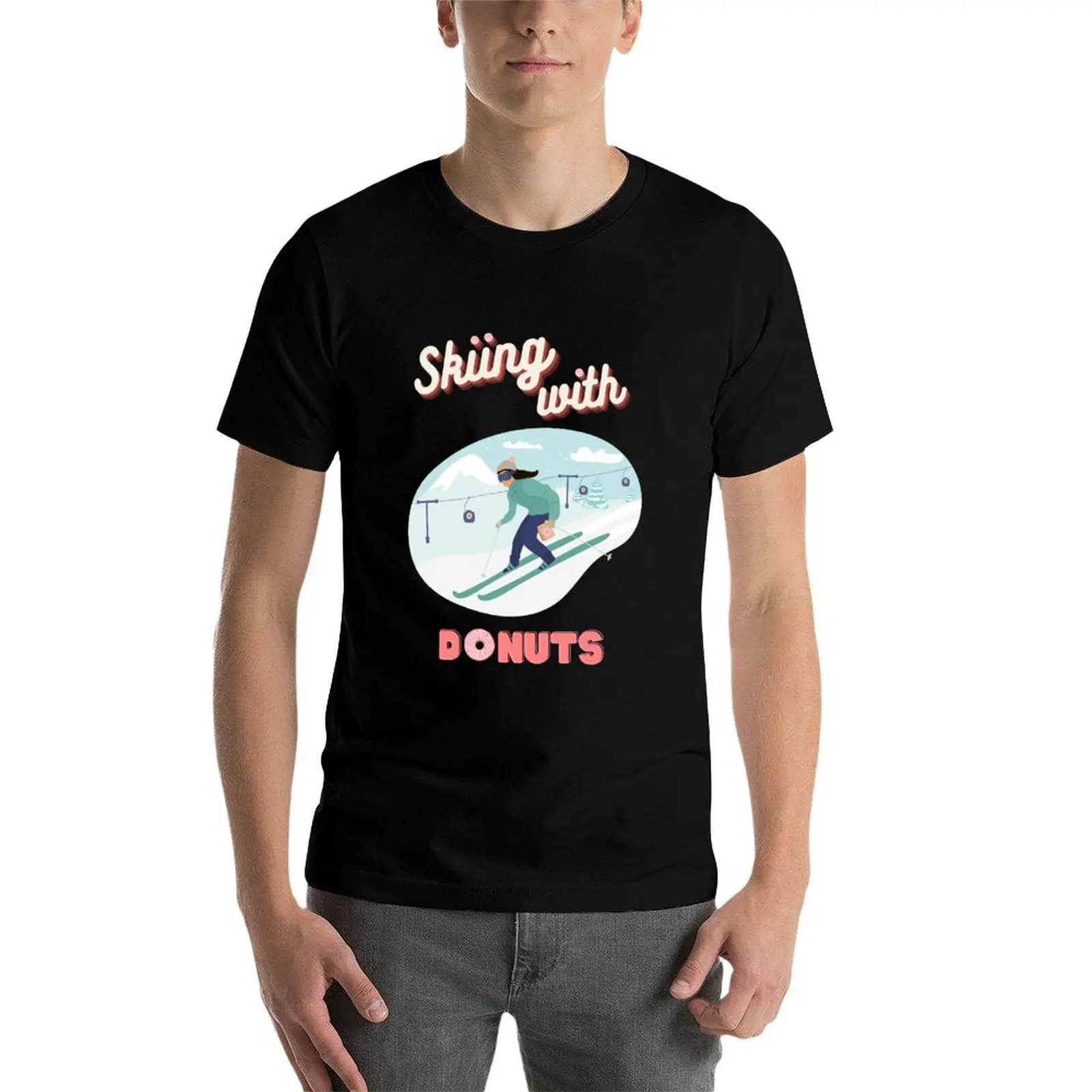

Skiing with Donuts Pink Tee T-Shirt men t shirt cotton 100% t shirt custom print cotton t shirt pack T-Shirt