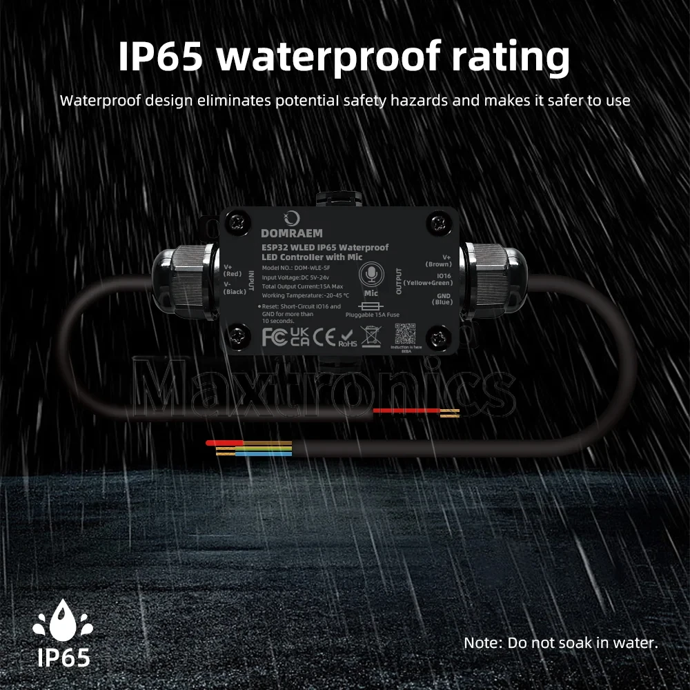 HOT Outdoor Waterproof ESP32 WLED Digital LED Mic Controller Alexa/HA/MQTT App Remote RGB IC IP65 15A Fuse RCP WS2811/05etc