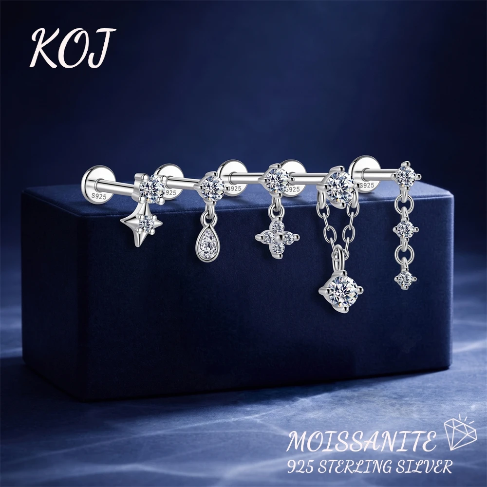 KOJ 1PC 925 Sterling Silver Moissanite Water Drop Clover Dangle Cartilage Stud Earring Women Fine Jewelry For Wedding Party Gift