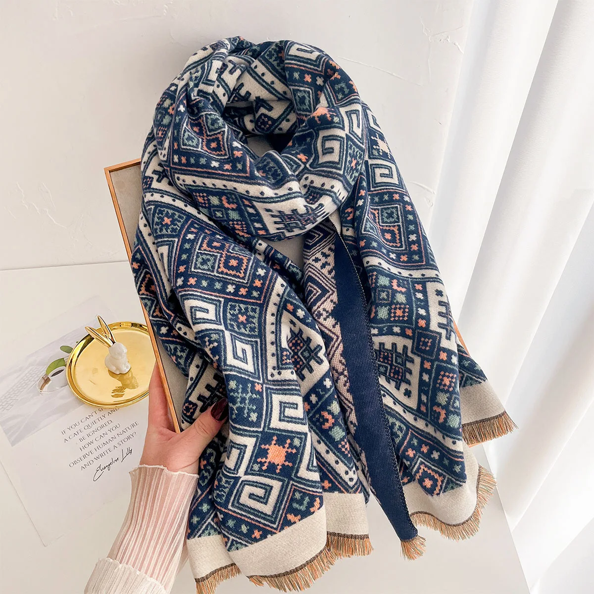 Bufanda de pashmina con textura de bloques, para mujer, de doble cara, reversible, con flecos cortos, gruesa, cálida, ideal para el invierno, prenda de abrigo de estilo étnico.