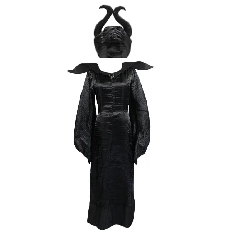 

NewWoman Costume Plus Size Halloween Movie Deluxe Black Long Gown Evil Queen Witch Dress Cosplay Party Costume with Horn Headpie