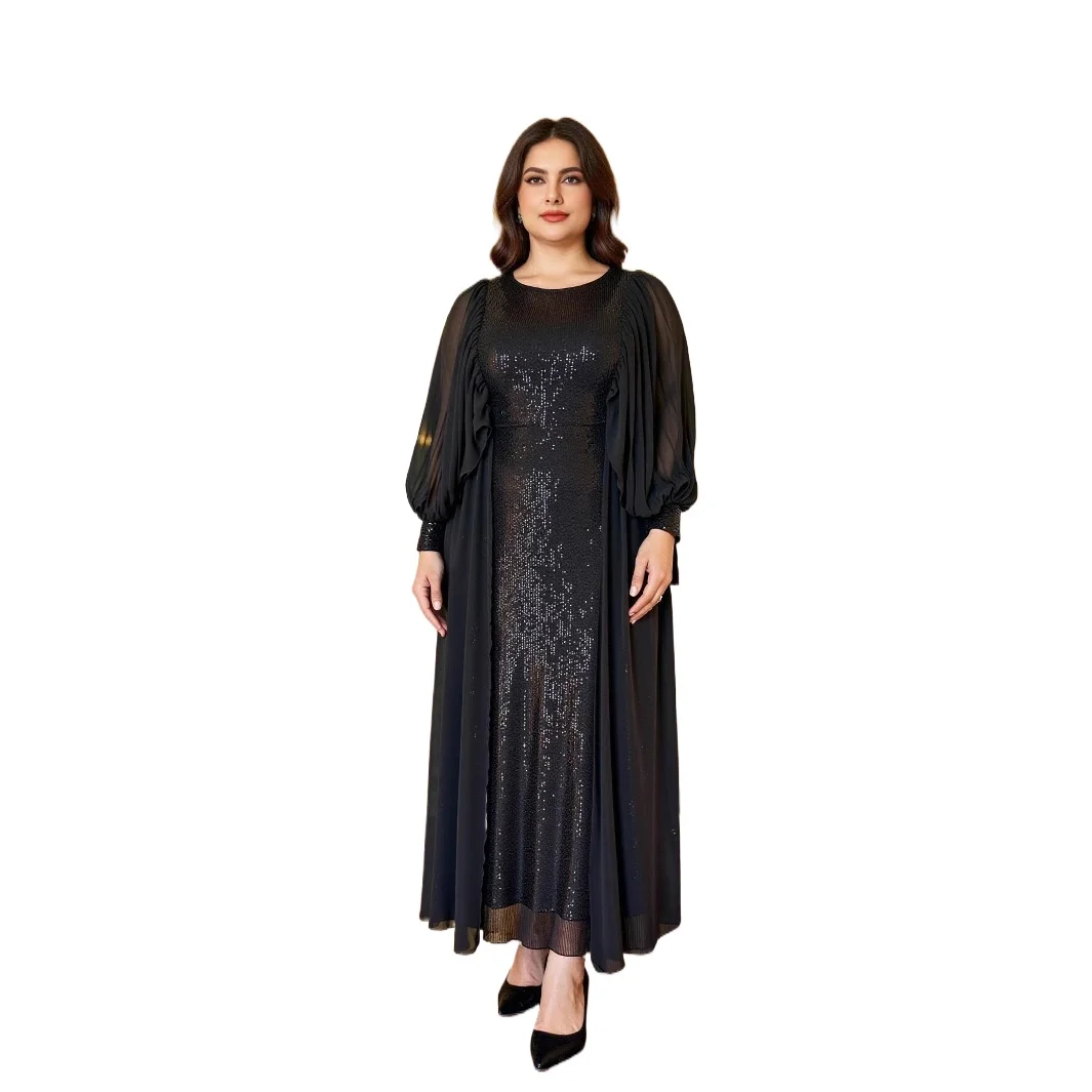 

Elegant Round Neck Sequined Abaya Formal Evening Dress With Long Sleeves Black