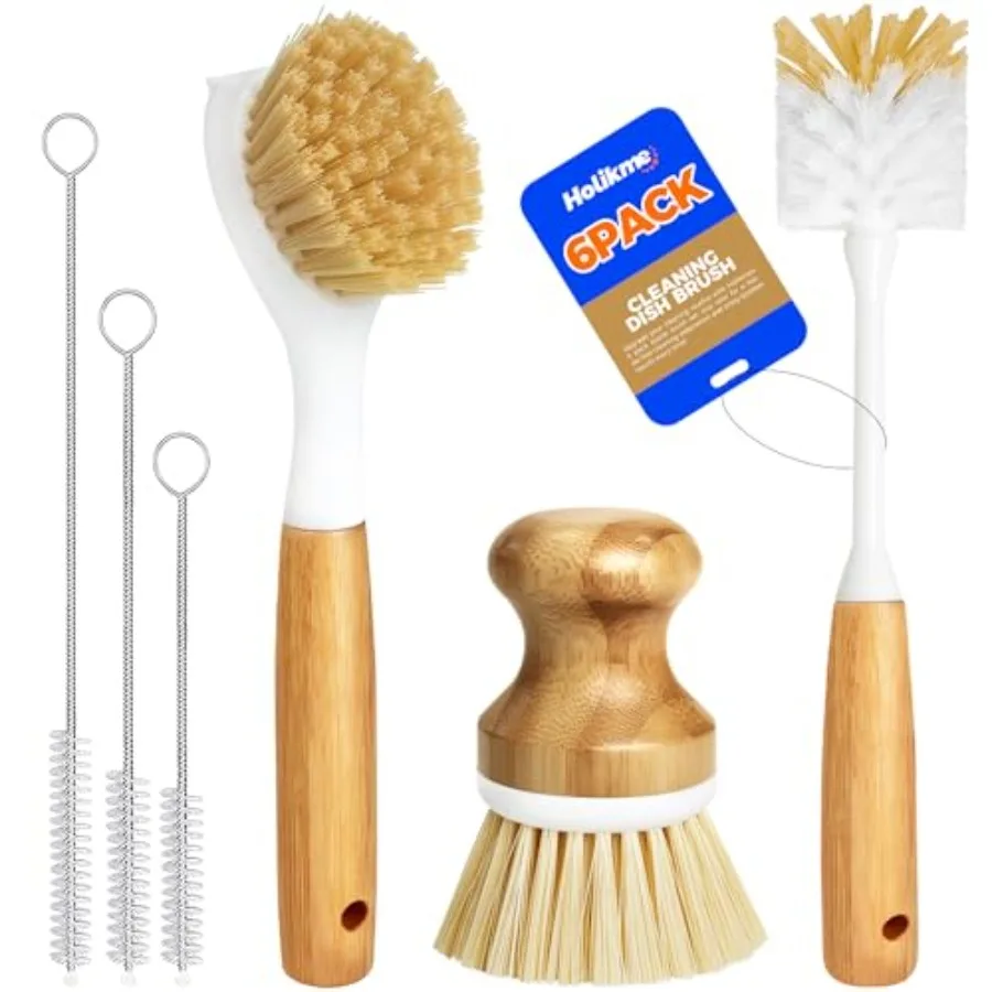 

6 Pack Dish Brush Scouring Pad Set with Bottle Brush, Dish Brush, Palm Scrub Brush and Straw Brush, Dish Scrubber Long Handle f