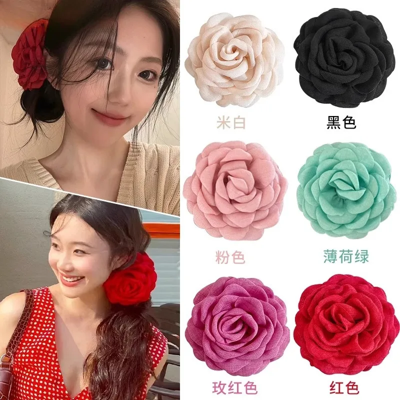 

New Red Rose Hairpin Side Flower Clips Female Large Camellia Hair Accessories