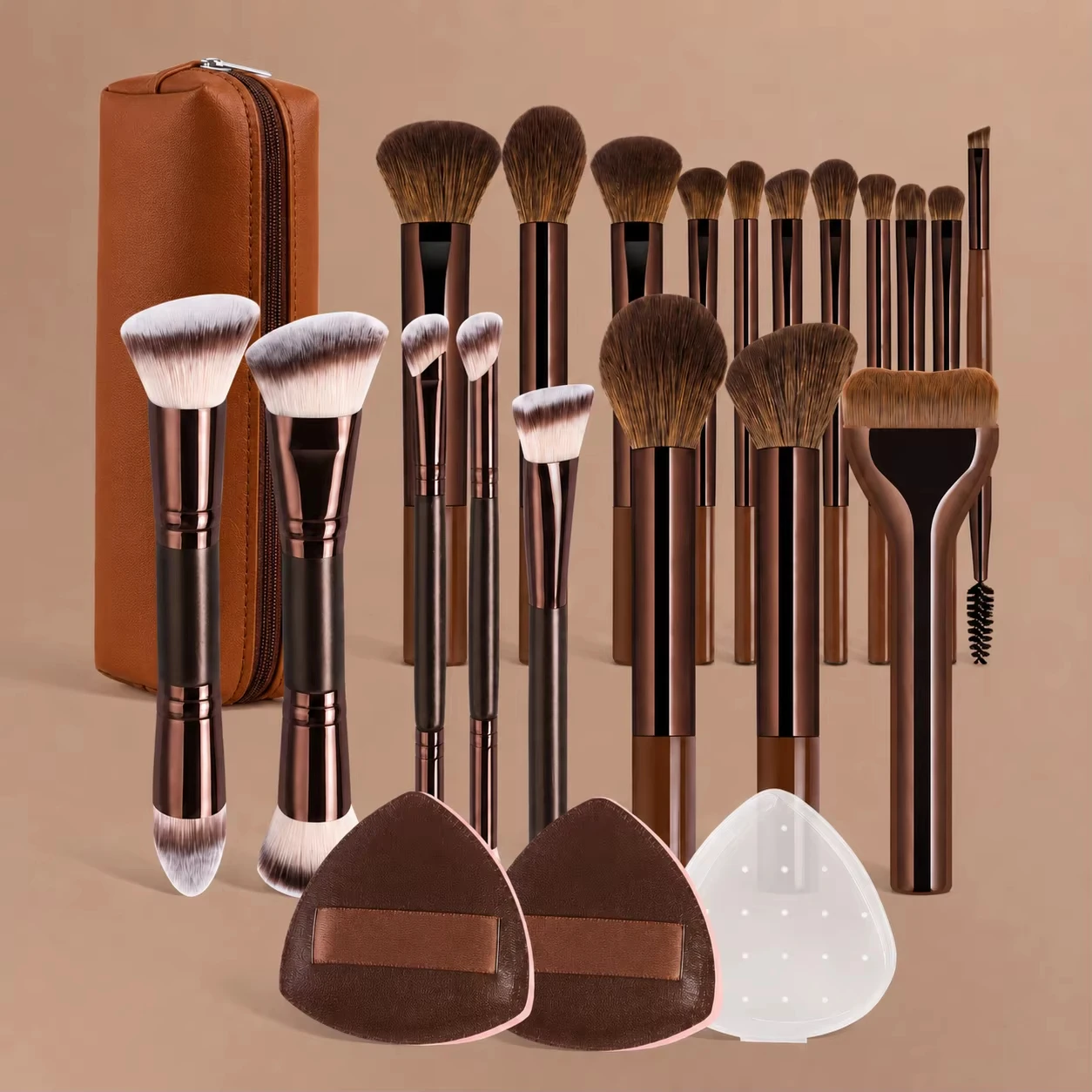 Conjunto de Pincéis, Inclui 14 Pincéis de Maquiagem + 1 Bolsa de Maquiagem + 2 Esponjas de Maquiagem, Contendo Pincel para Base, Pincel para Blush