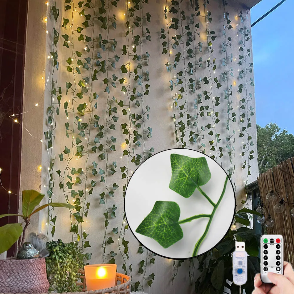 12pcs Artificial Plants Balcony Decorations Liana Led Leaf Garland Silk Rattan Leaf Vine Room Decor Home Living Exterior Terrace