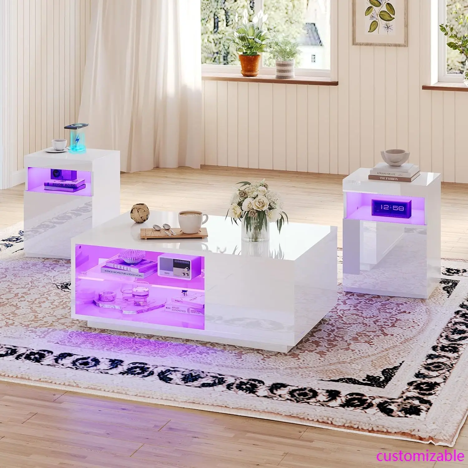 Juego de mesa LED moderno de alto brillo de 3 piezas, mesa de centro, 2 mesas auxiliares con estación de carga inalámbrica para sala de estar, blanco