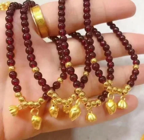 

24k gold lotus charms bracelet for women 999 real gold balls bracelets garnet beads hand string