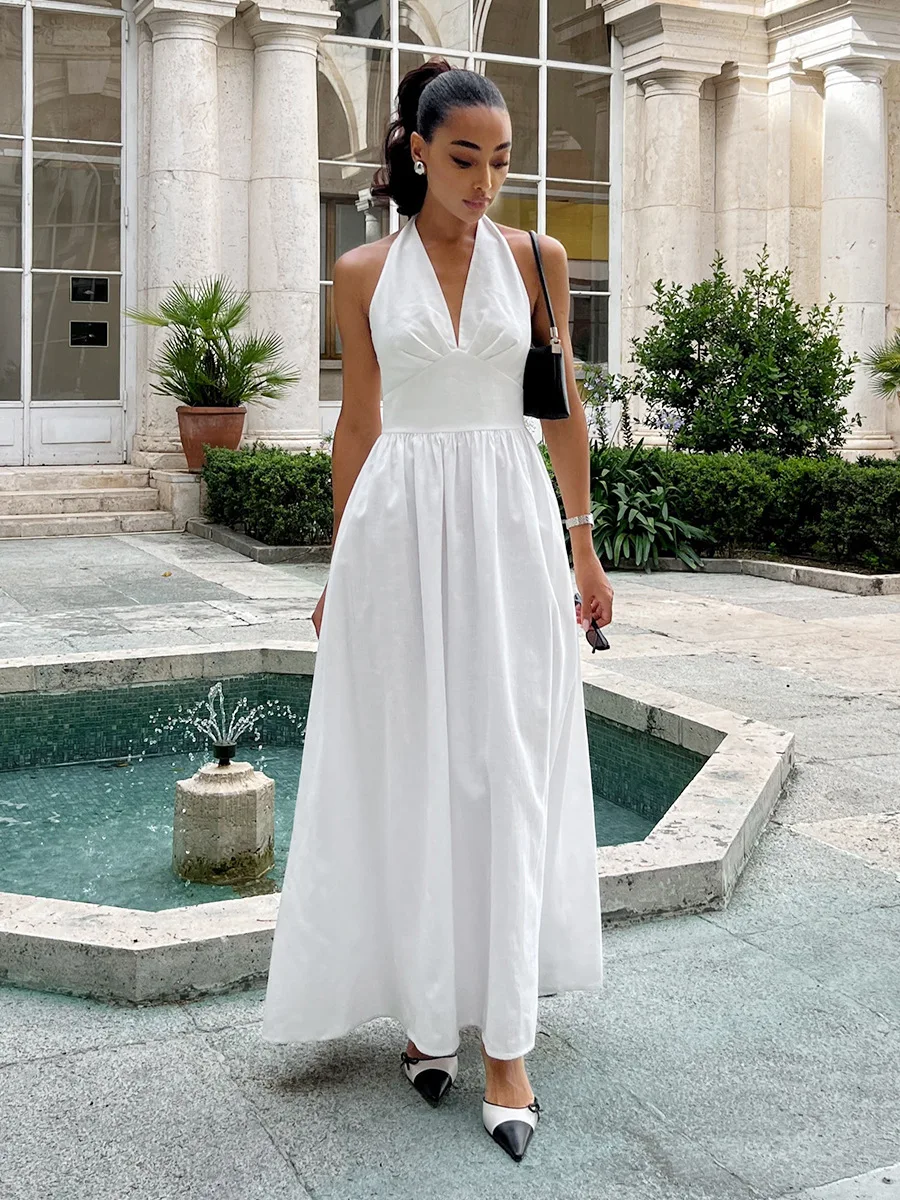 

Spring Summer Slim Long Dress Solid Color Fashionable Daily Commuting Style Sleeveless V-neck Strappy High-waisted A-line Dress
