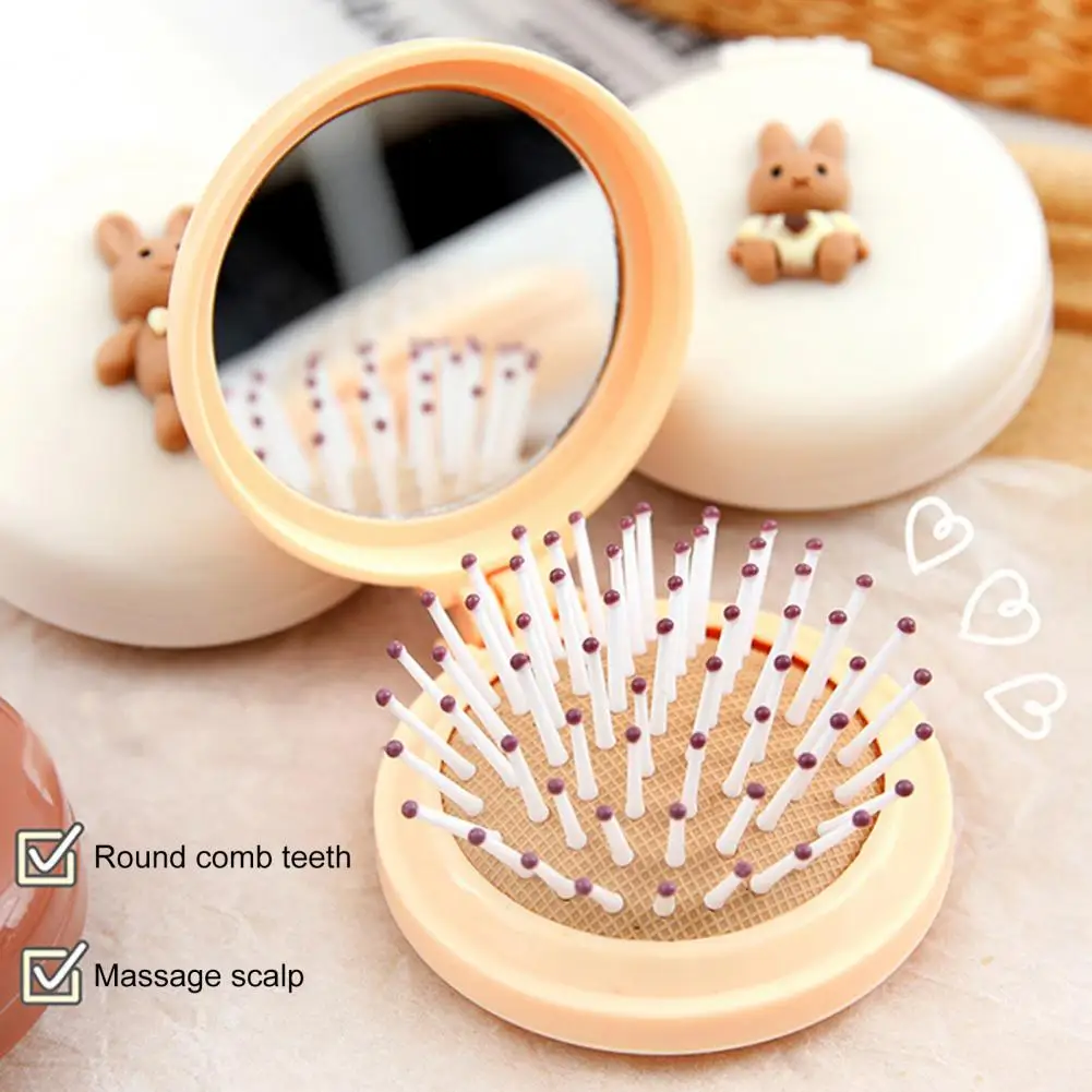 

Foldable Hair Brush with Mirror Soft Bristles Scalp Massage Cartoon Bowknot Bunny Hair Detangling Comb Hairdressing Tools