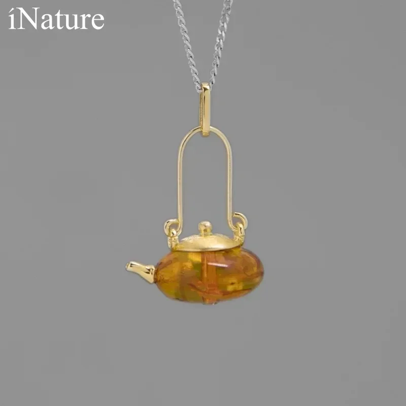 INATURE Vintage 925 Sterling Silver Natural Amber Teapot Pendant Necklace For Women Jewelry Gift