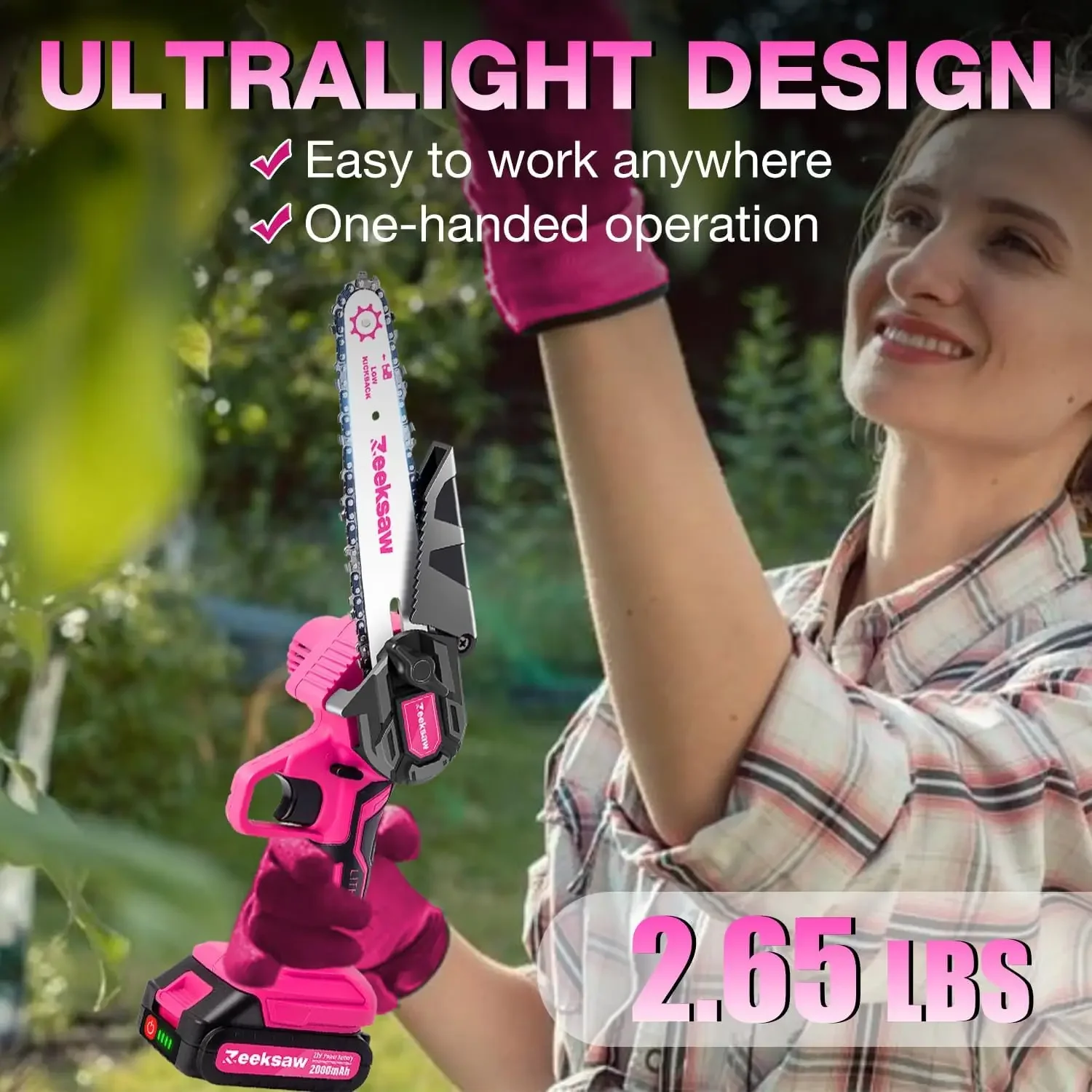 Pink Mini Chainsaw Cordless 6 inch - Electric Handheld Chainsaw Battery Powered with Power Indicator - Rechargeable Mini Ch