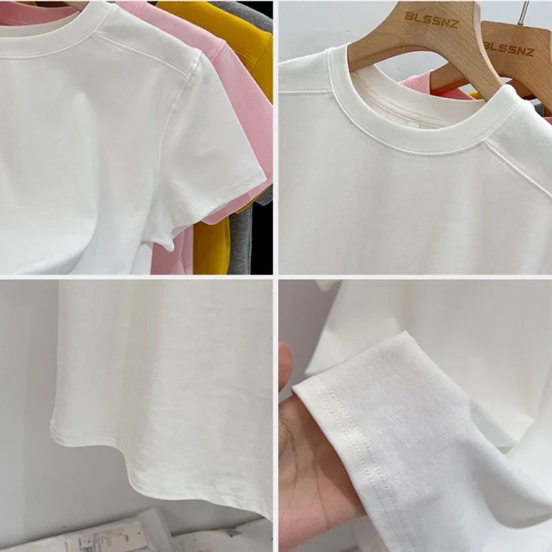 지아이스 솔리드 베이직 반팔 여성 티셔츠 2025 캐주얼 루즈 O넥 패션 탑 티셔츠 여성 한국 티셔츠 스트릿웨어