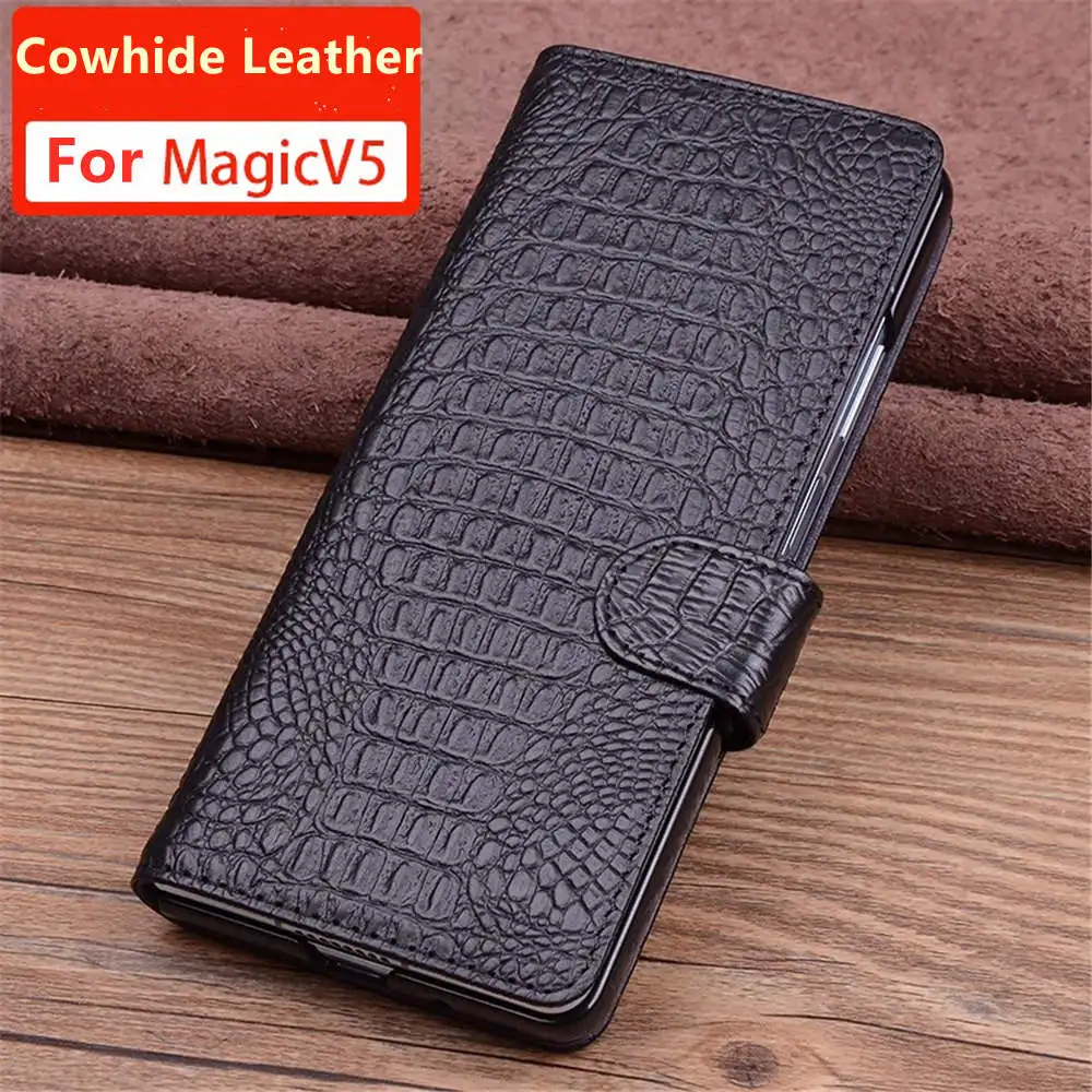 

Genuine Cowhide Leather Crocodile Flip Case For Honor Magic V5 Card Slot Full Cover