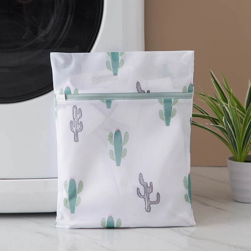 Laundry Wash Bags Print Cactus Portable Zipper Washing Bags Household Basket Dirty Clothes Organizer Foldable Anti-deformation