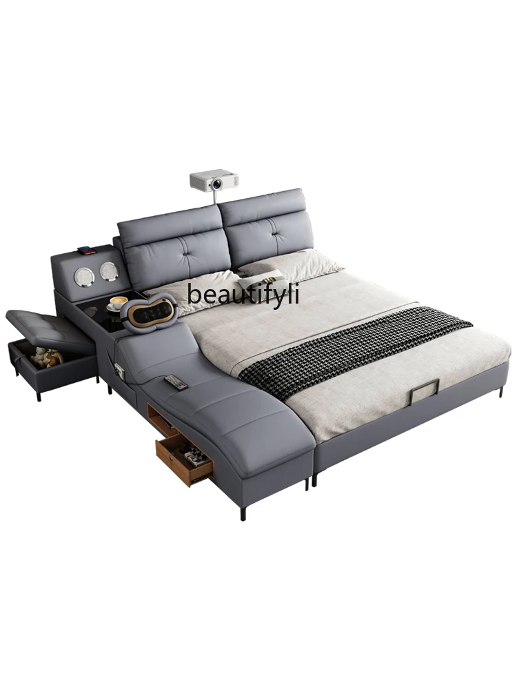 

Leather Bed Modern Simple and Light Luxury Smart Massage Tatami Bed Master Bedroom Multi-Functional Big Bed Furniture