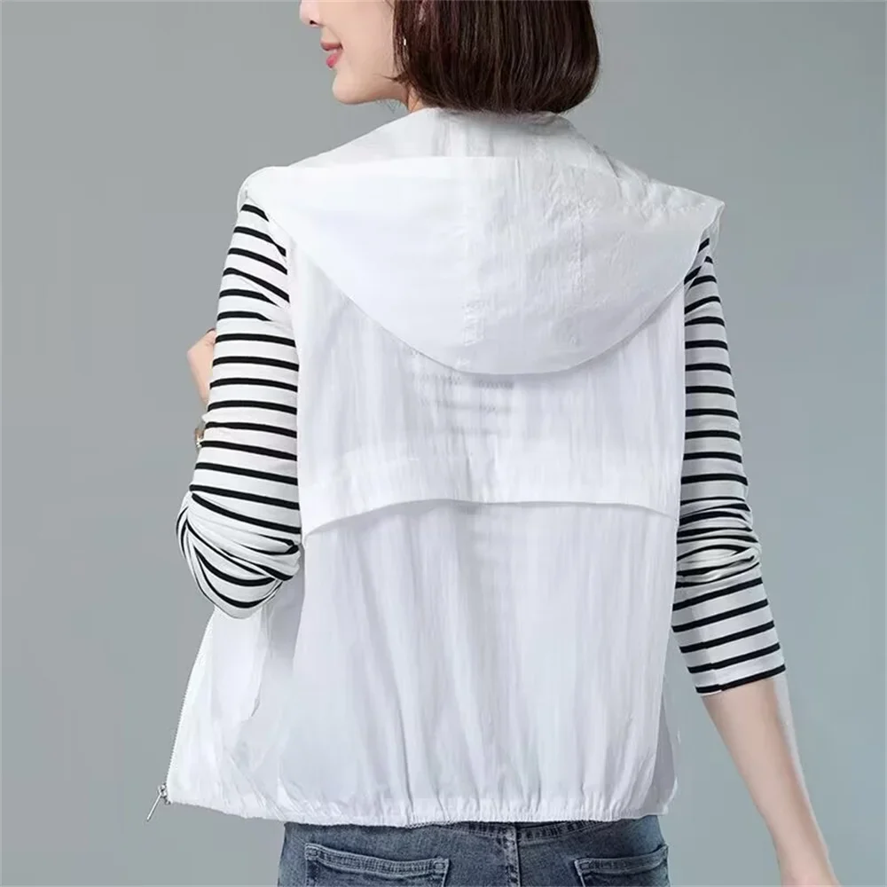 여성용 후드 자외선 차단 조끼, 용수철 여름 캐주얼 민소매 얇은 조끼 재킷, 짧은 숙녀 탑 아우터, 2024 신상