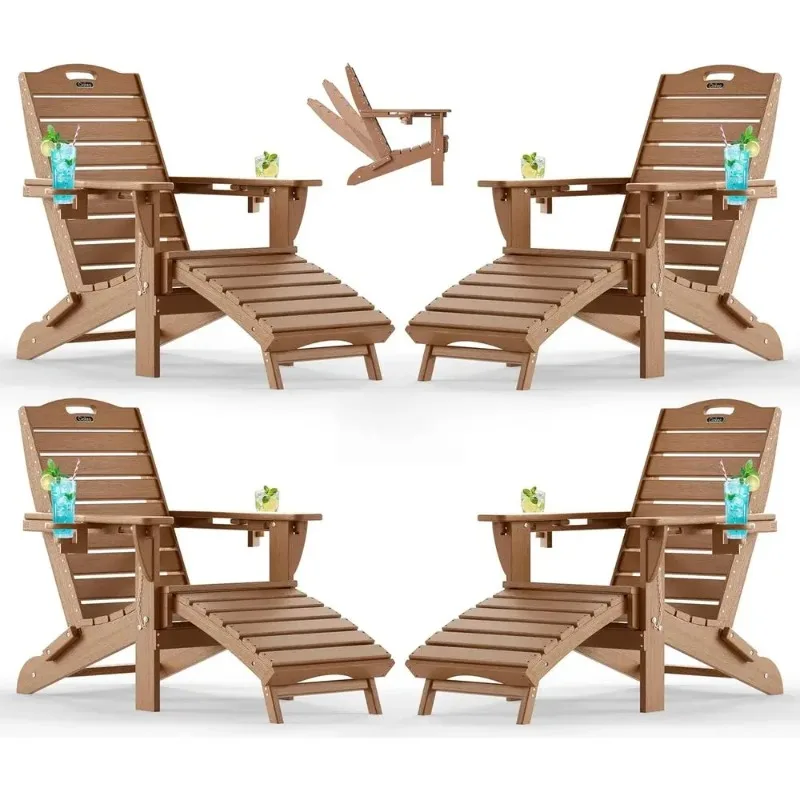 4-Piece Teak Outdoor  Chair Set with Retractable Ottoman and Pull-Out Footrest, Weather-Resistant for Patio and Lawn