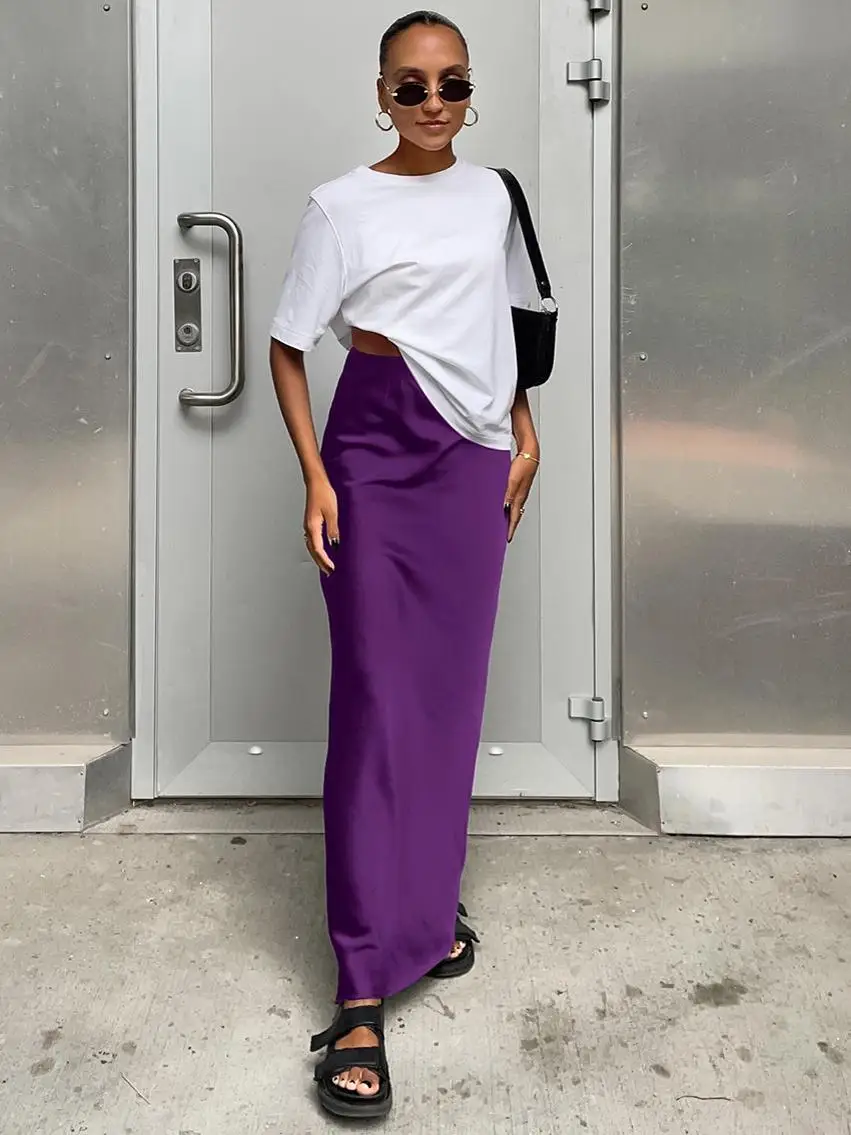 

Шелковая атласная асимметричная юбка из ледяного шелка с высокой талией, уличная длинная юбка, глянцевая повседневная цветная юбка-миди с запахом