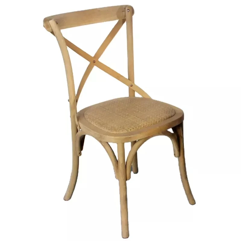 

French Country Style Rattan Seat Solid Oak Wood Cross Back Hotel Chair for Party Event Wedding Rental
