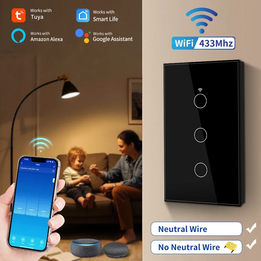 

Умный переключатель Tuya WiFi, нейтраль США/не требуется нейтраль, вход 1/2/3, сенсорный настенный переключатель для использования с Alexa Google Home