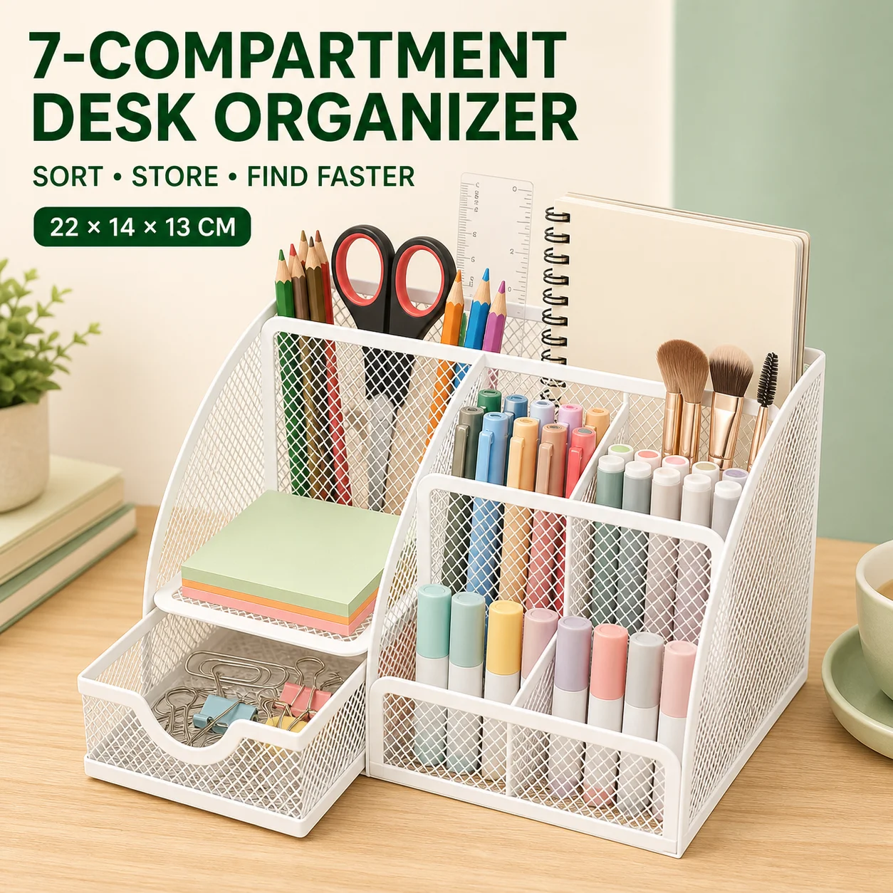 7 Compartment Mesh Desk Organizer with Drawer, Metal Pen Holder Office Supplies Storage for Home Office School Makeup Brushes