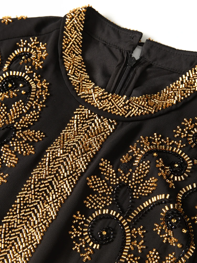 DSFACAIRIJ Vestido largo negro con cuentas para mujer, cuello levantado, manga larga, con cordones, vestido de fiesta Vintage para otoño, moda femenina