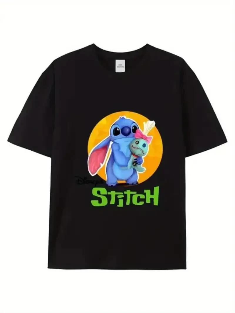 

2025 Disney Pattern Printed Women's Casual Comfortable Unique Smiling Face Black Round Neck Short Sleeve T-shirt