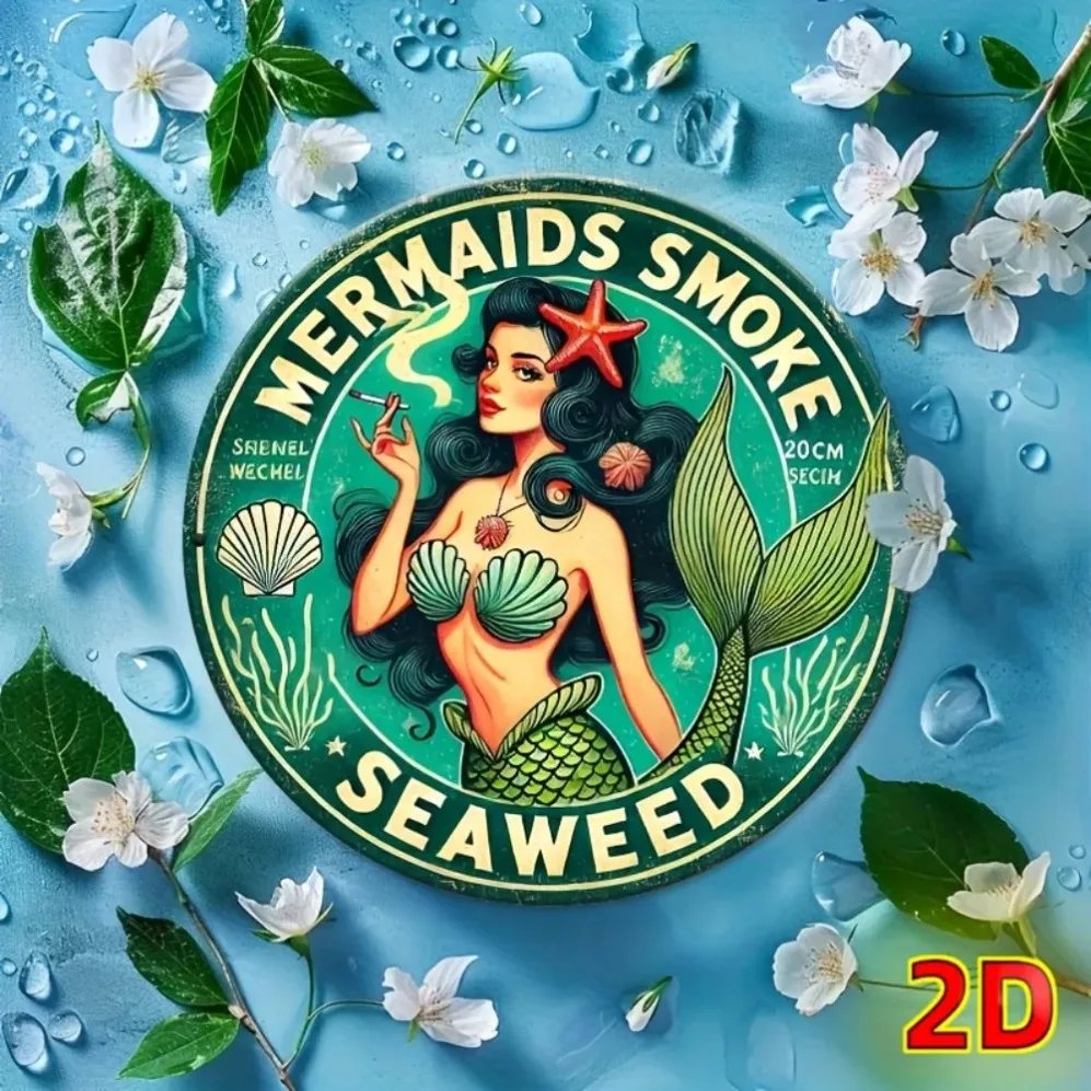 Vintage Sea Fairy Mermaids Wall Art – Iron Sign with Seaweed Smoke | 2D Foil Engraving