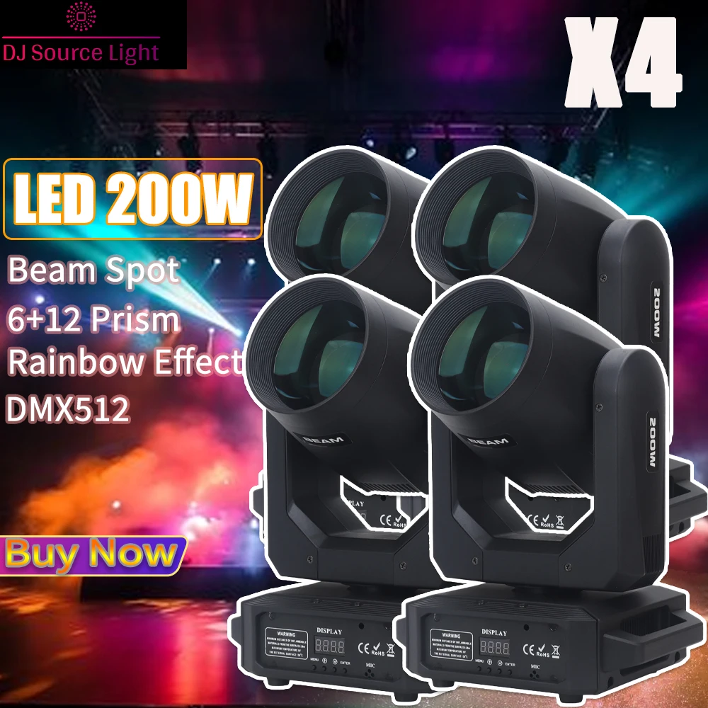 4Pcs/lot 200W Moving Head Light LED Beam Spot 18 Prism Rainbow Effect DJ Dmx Stage Ligthing Lights DJ Disco Party Stage Effects