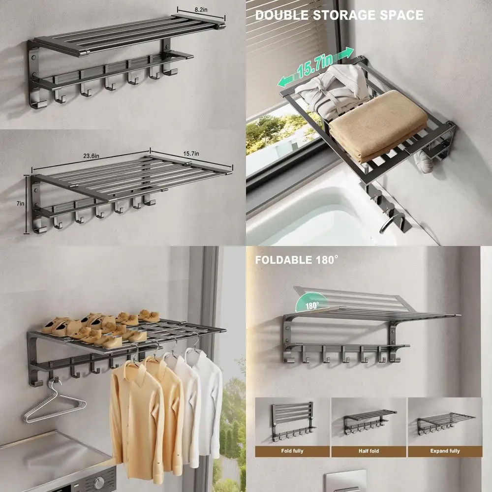 

24 Wall-Mounted Foldable Towel Rack with Movable Hooks, Large Shelf, Rust-Resistant, Matte Grey Bathroom Storage