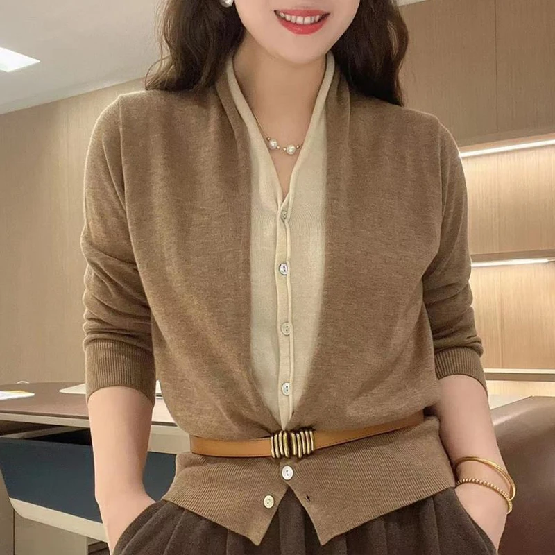 Women Stylish V Neck Patchwork Elegant Fake 2 Piece Knitted Cardigan Office Lady with Belt Chic Casual Long Sleeve Loose Sweater