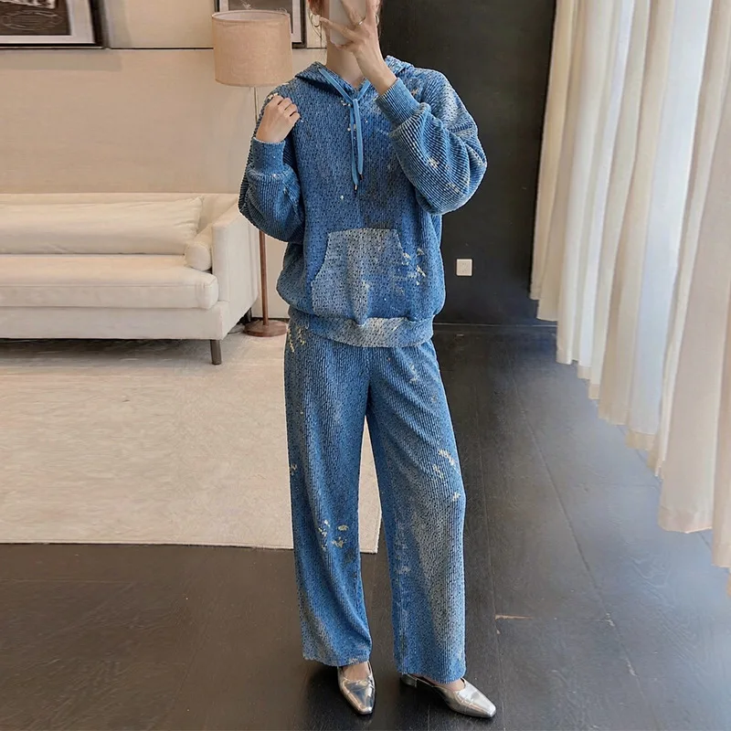Miyake Pleated Women Corduroy 2 Piece Outfit Hooded Pocket Sweatshirt Wide Leg Pants Vintage Print Tracksuit Set