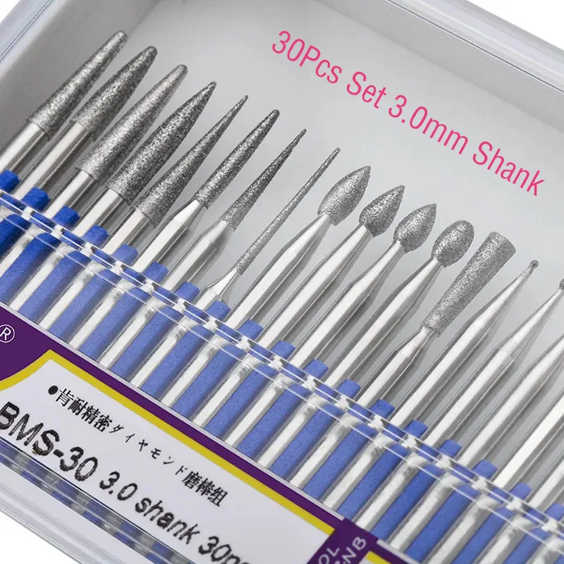 30Pcs 3.0mm Shank Diamond Mixed Grinding Heads Set for Jade Carving Mold Processing, Metal Polishing Engraving Rotary Tool Burrs