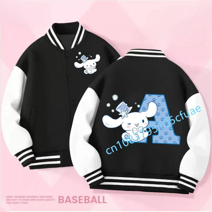 

Sanrio Cinnamoroll Children Baseball Uniform Letter A-Z Girls Clothes Kawaii Jacket Anime Cartoons Boy Kids Hoodie Casual Coat