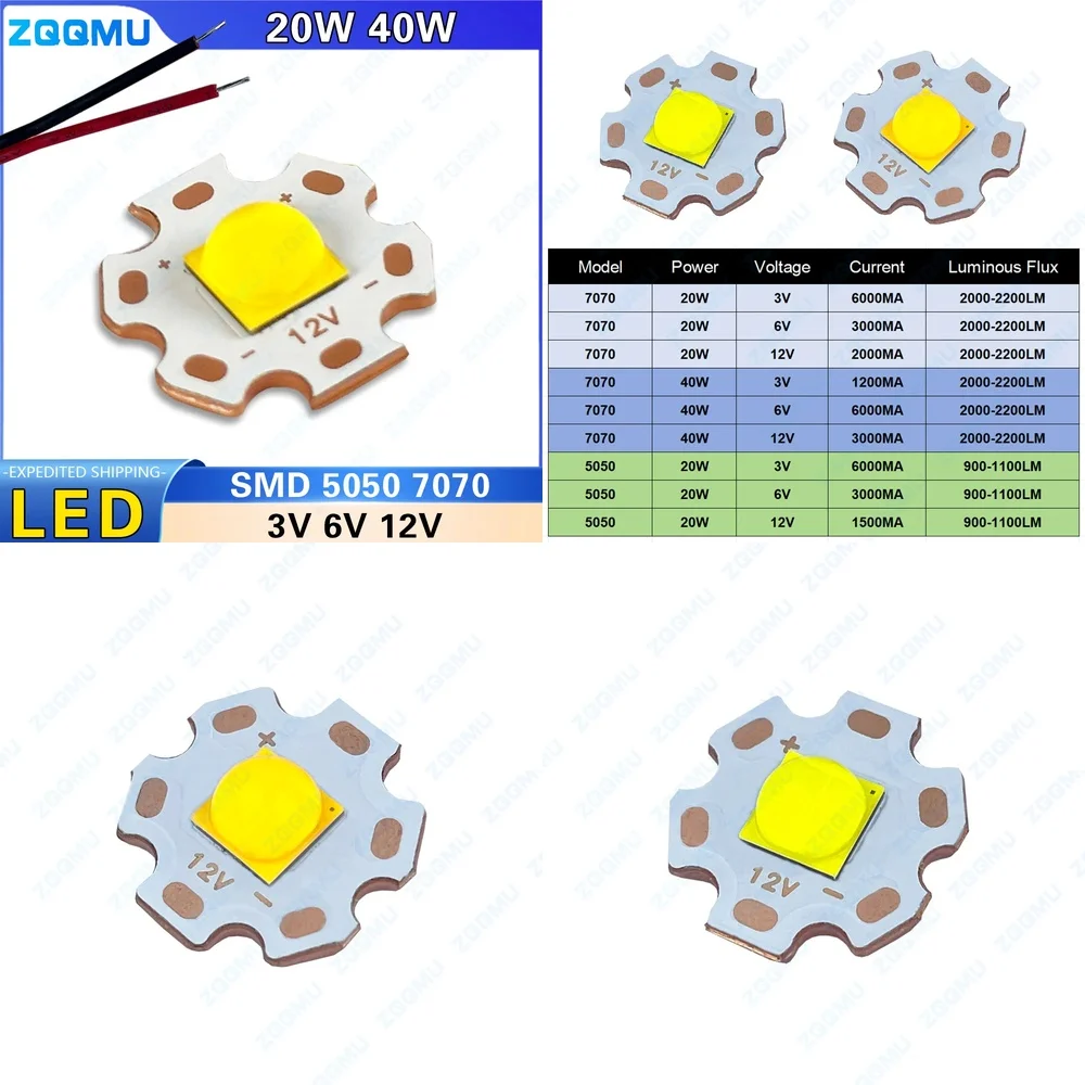 20W 40W LED Lamp Beads 5050 7070 3V 6V 12V Warm White Plum Blossom Shape High Power LED Chip for Flashlight Bicycle Motorcycle