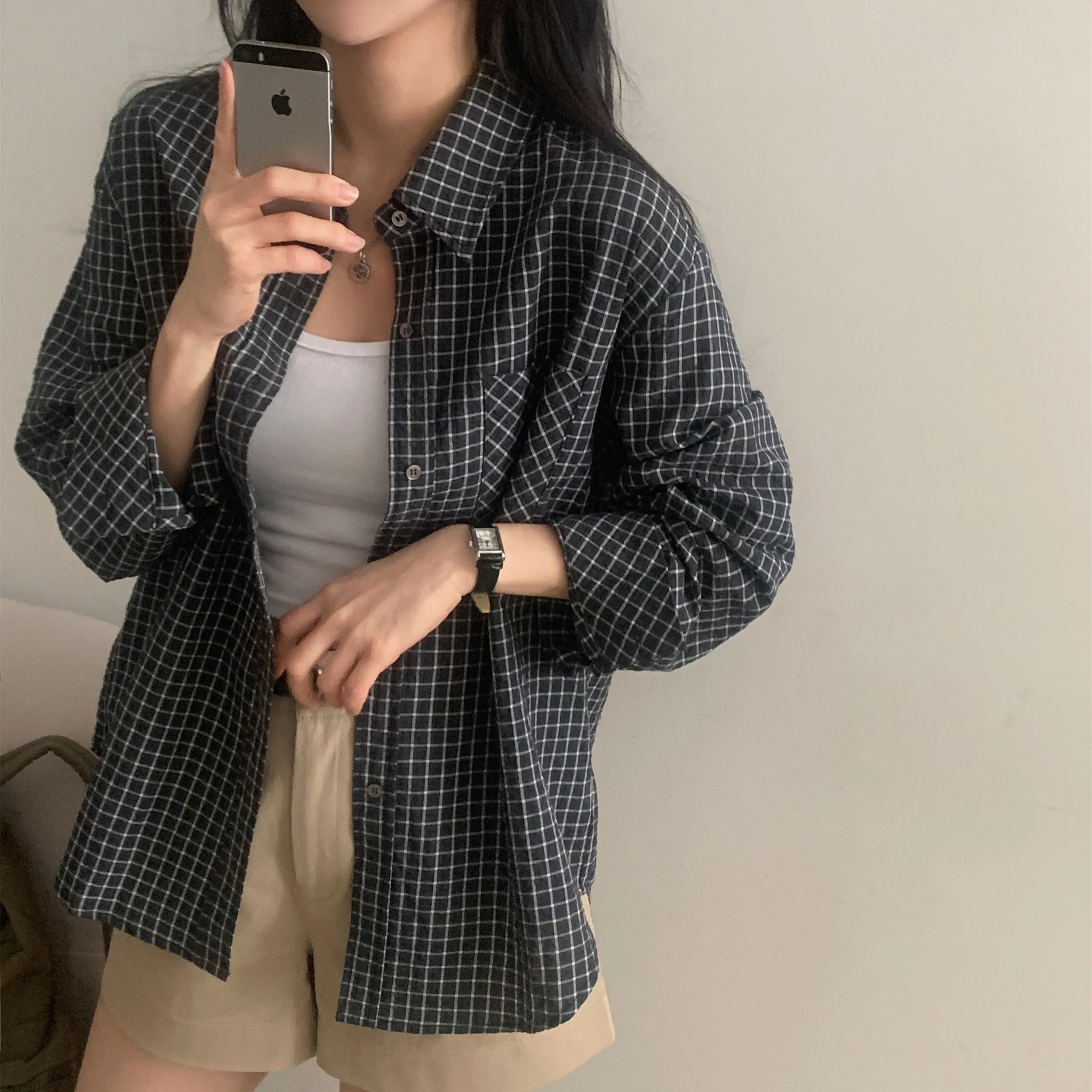 ملابس كورية Sle بزر واحد منقوشة طويلة Sve للسيدات irt عادية رقيقة لموسم الخريف ملابس فاخرة للسيدات