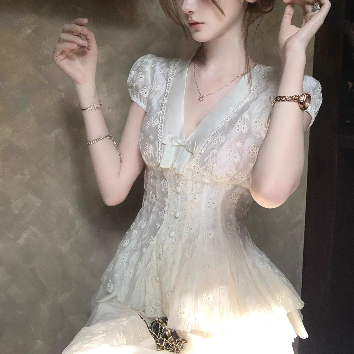 Women Lace Blouse Skirts Set 2026 New Summer V-Neck Shirts Embroidery Splice Short Sleeve Top Two Piece Set
