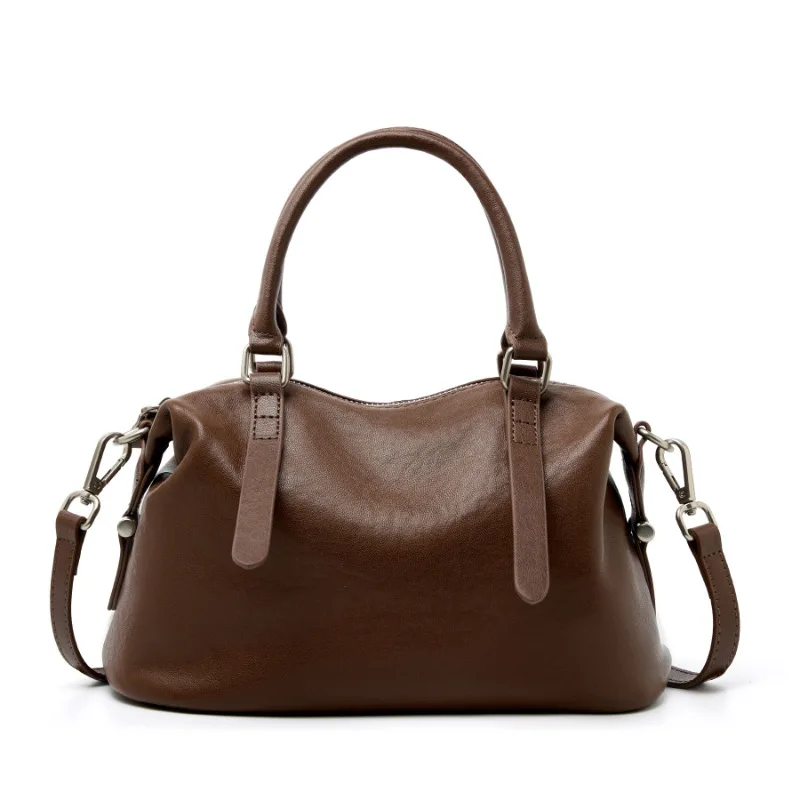 

New Women's Small Handbag Cowhide Leather Boston Pillow Bag New Crossbody Bag Retro Commuter Shoulder Bags Large Ladies Purses
