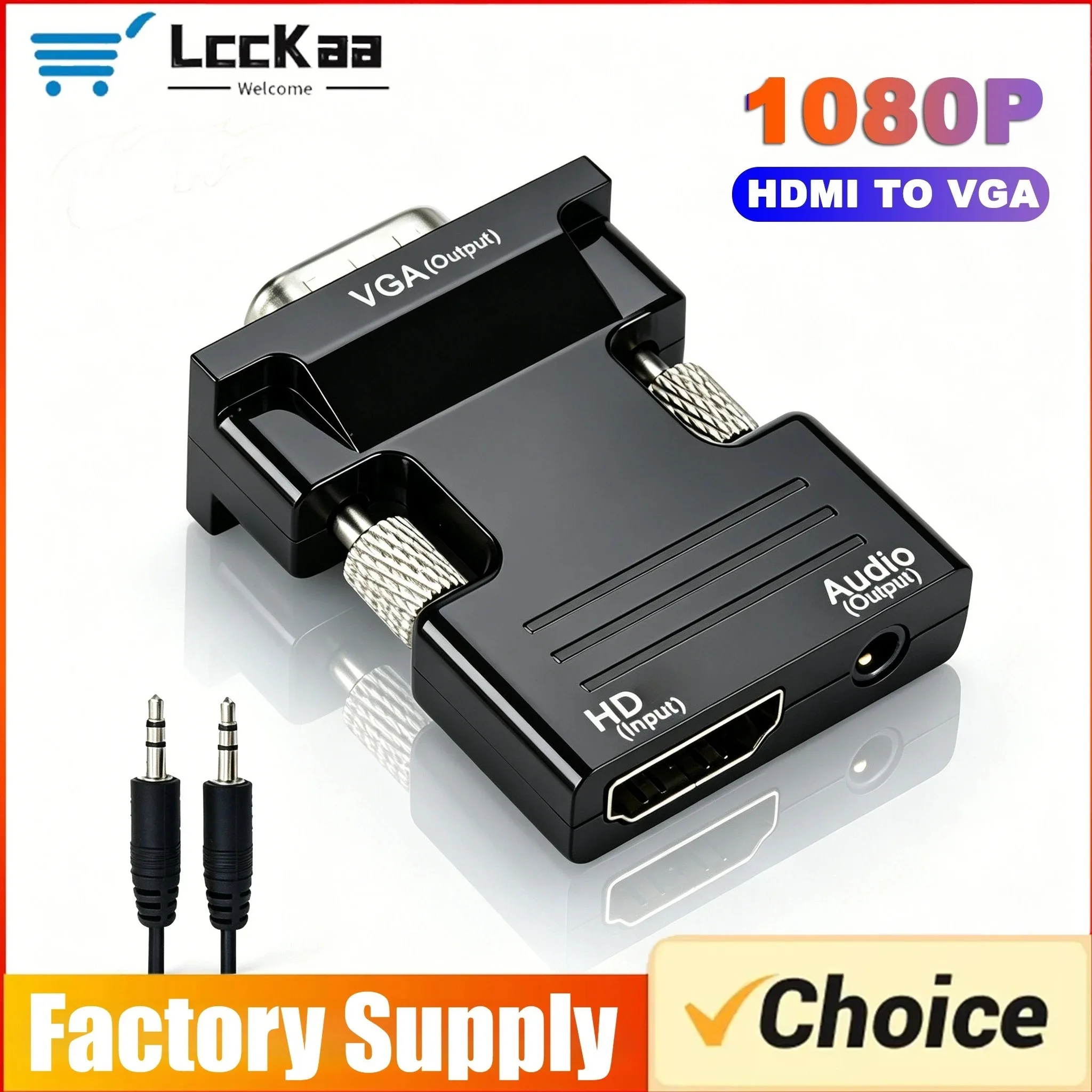 HDMI-zu-VGA-Adapter 1080P mit 3,5-mm-Audiokabel, DMI-kompatibler Buchse-zu-VGA-Stecker-Konverter für PS4-Monitor, Projektor, PC, Laptop