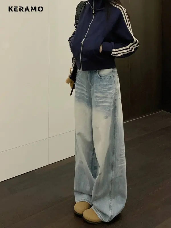 Femmes décontracté rétro Y2K 2000s lavé bleu pantalon bleu pleine longueur Baggy Emo Denim pantalon Safari Style coupe ample jean droit