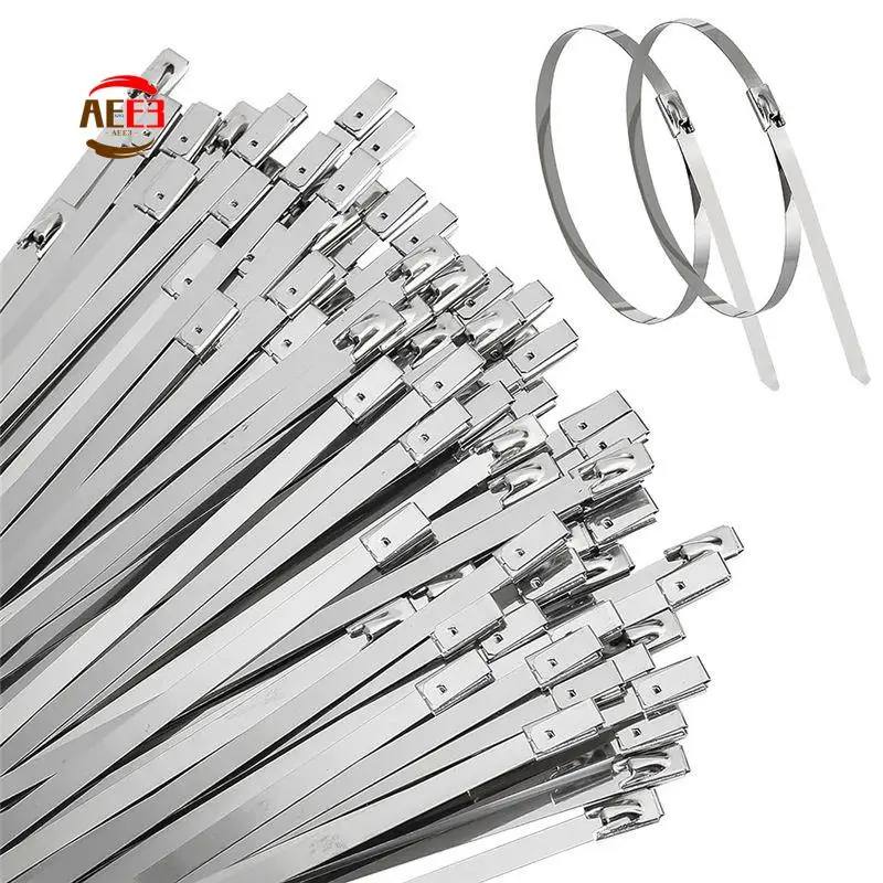AEE3-100 Piece Metal Zip Ties Heavy Duty Self-Locking Cable Ties Silver Stainless Steel For Machinery, Vehicles, And More