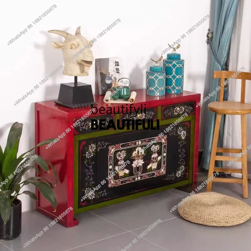 ss8350 Chinese elm furniture painted dining side cabinet solid wood entrance, Chinese retro locker antique code